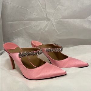 Elegant Pink Satin Women's Heels with Rhinestone Strap